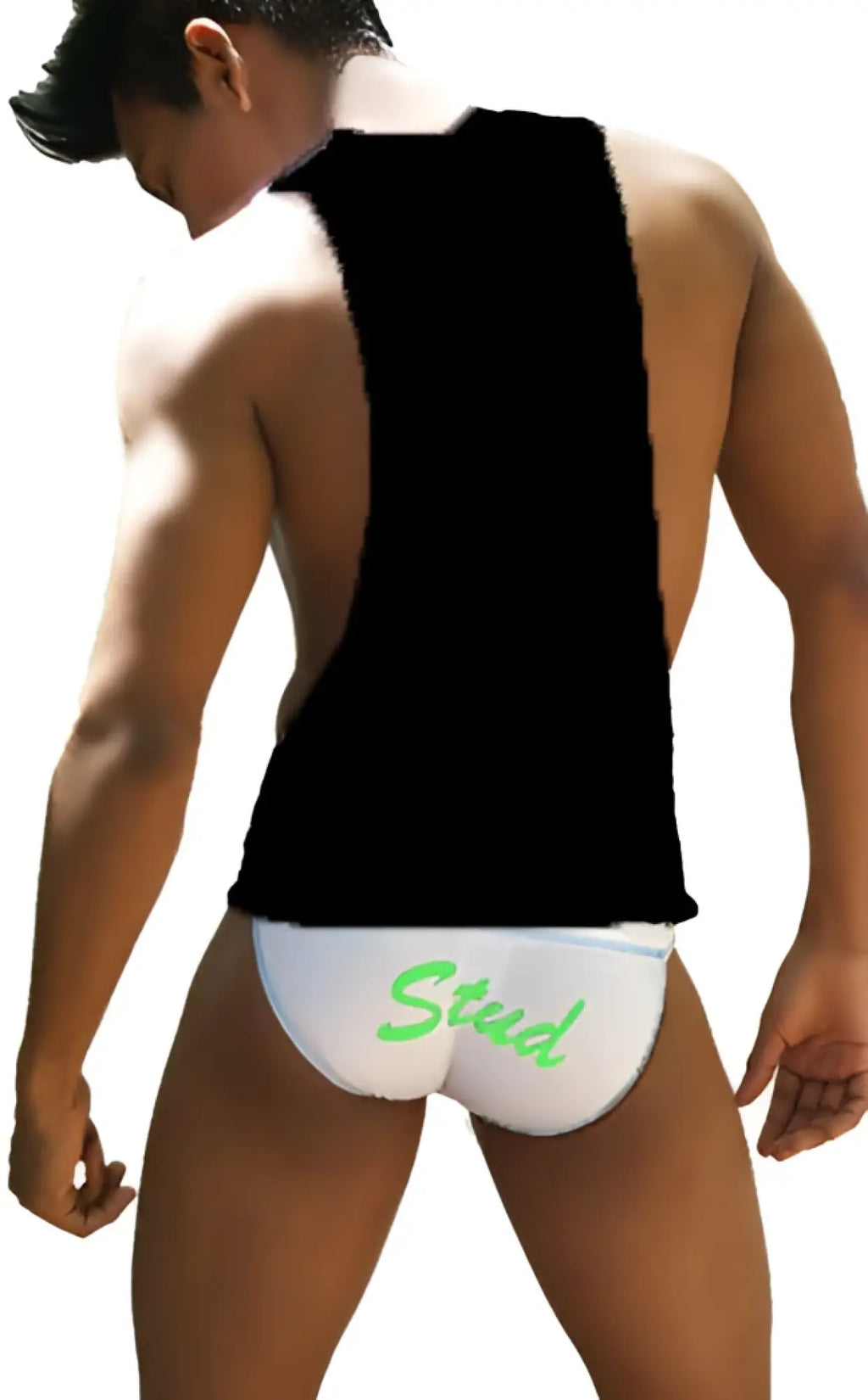 White briefs with green stud lettering paired with icker sea stud large armhole tank top black white ca-16-st-56