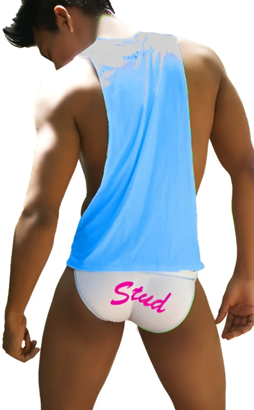 Light blue and white sleeveless icker sea stud tank top with pink stud text waistband on matching briefs