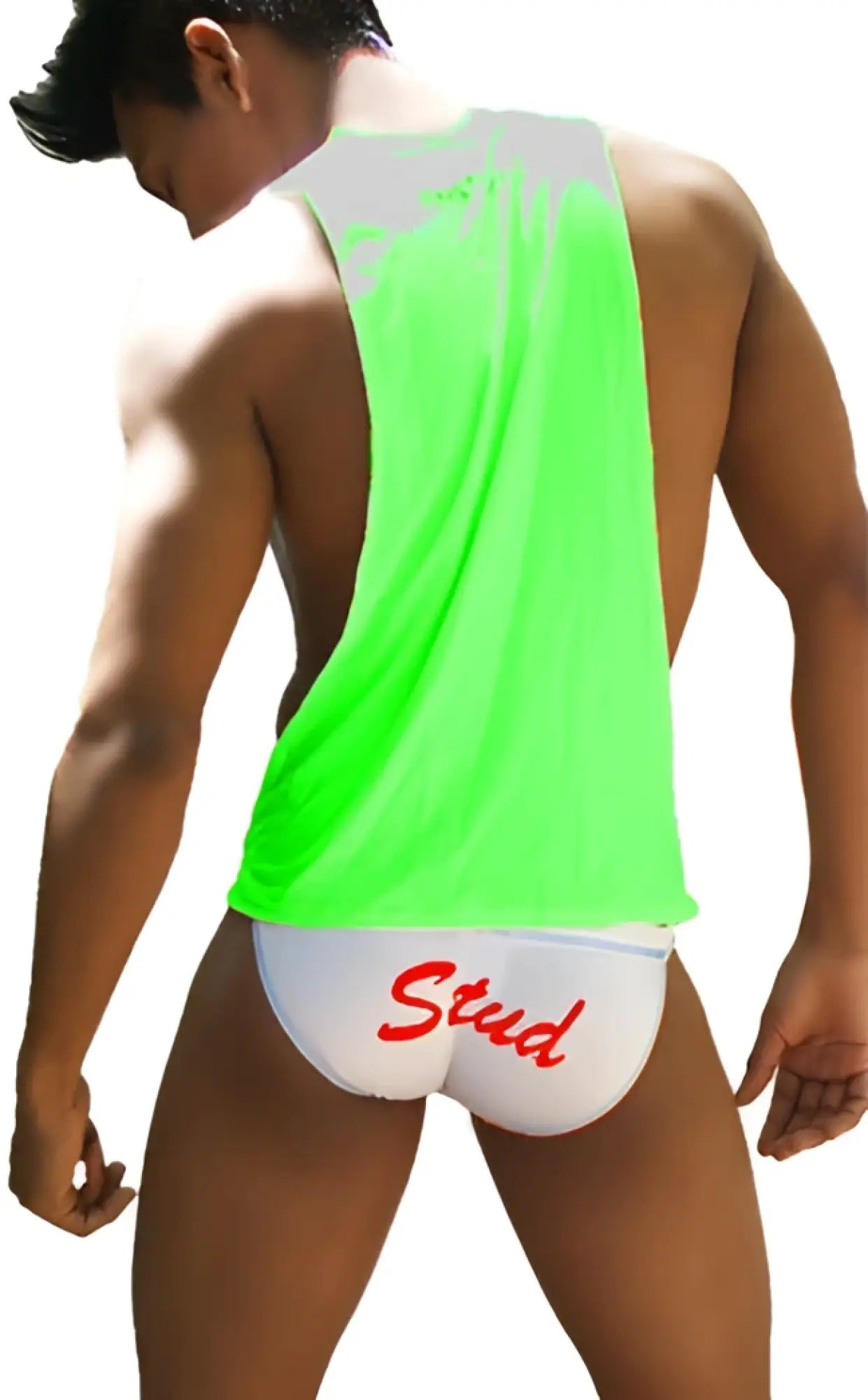 Back view of an icker sea stud large armhole tank top in neon green with white trim and red stud lettering