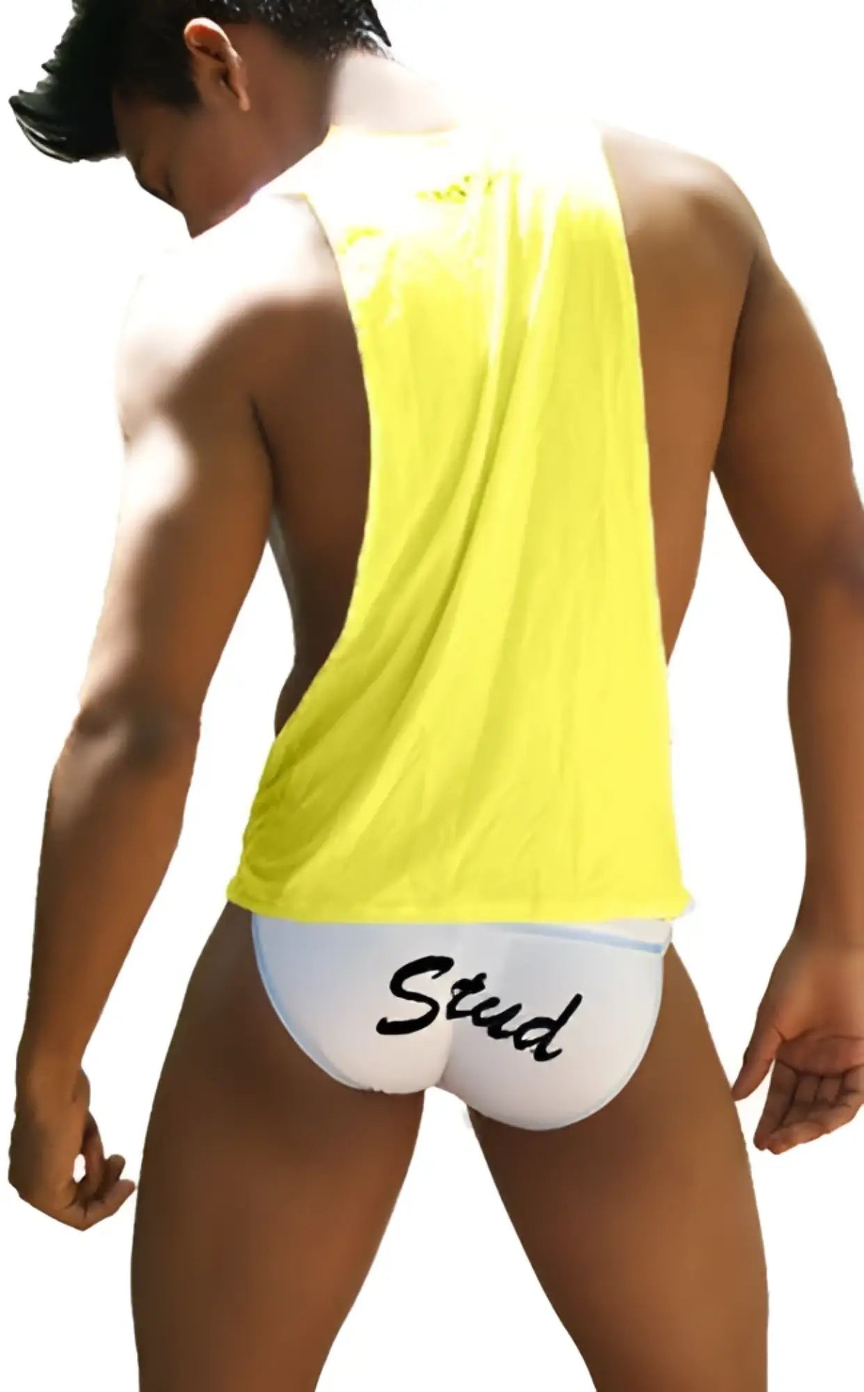 Bright yellow icker sea stud large armhole tank top t shirt with white waistband and black stud text on back