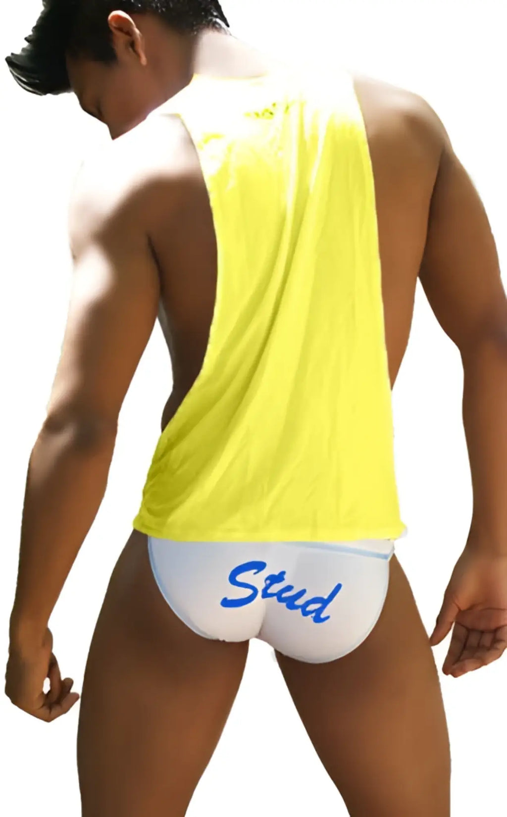 Bright yellow icker sea stud large armhole tank top with blue stud script and white brief underneath in mango blue