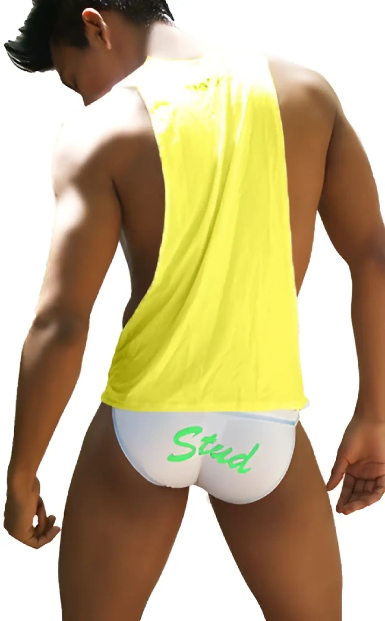 Bright yellow icker sea stud sleeveless tank top with white undergarment and green stud lettering in mango green
