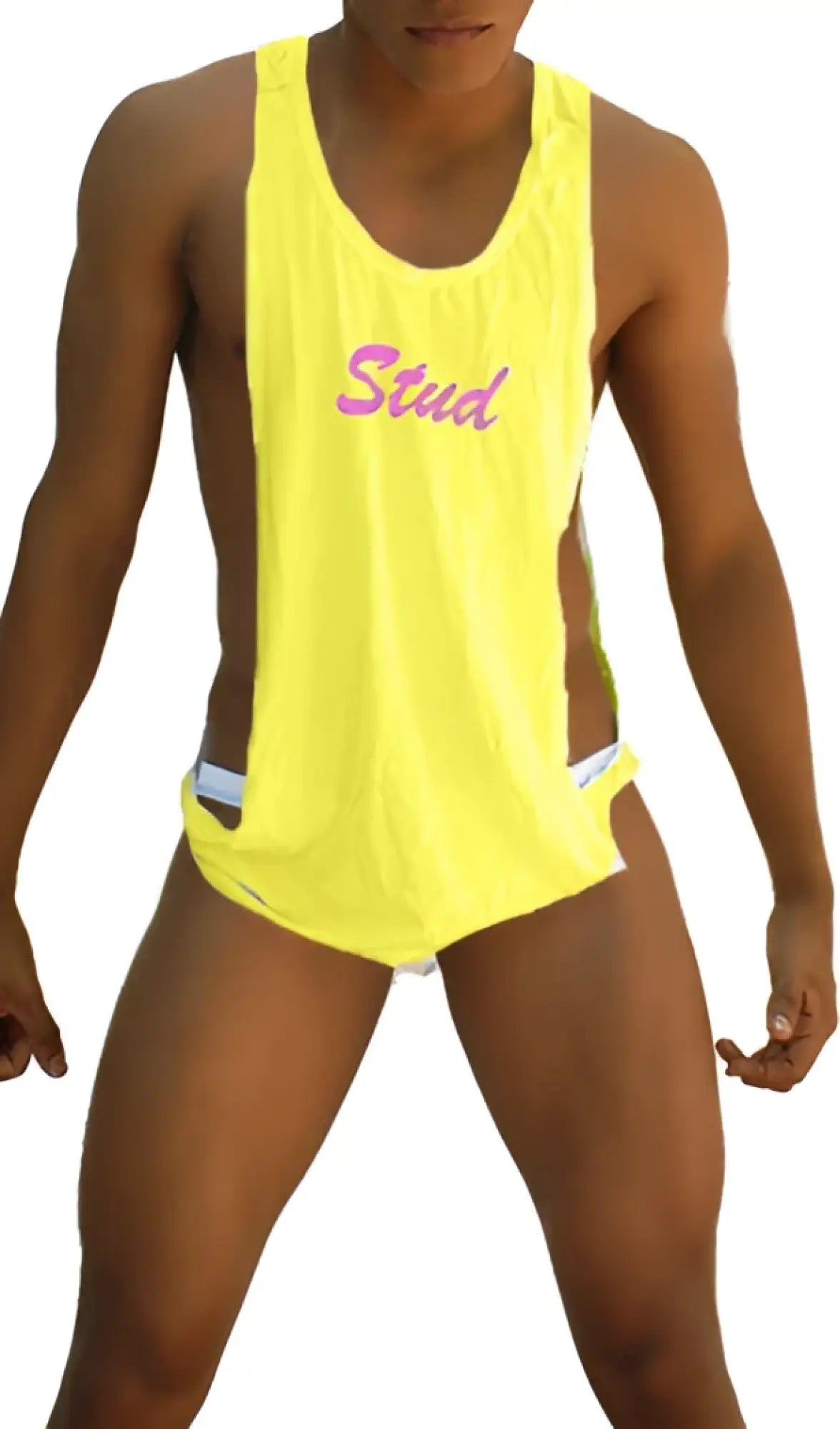 Bright yellow icker sea stud large armhole tank top with pink stud lettering across the chest in mango and pink