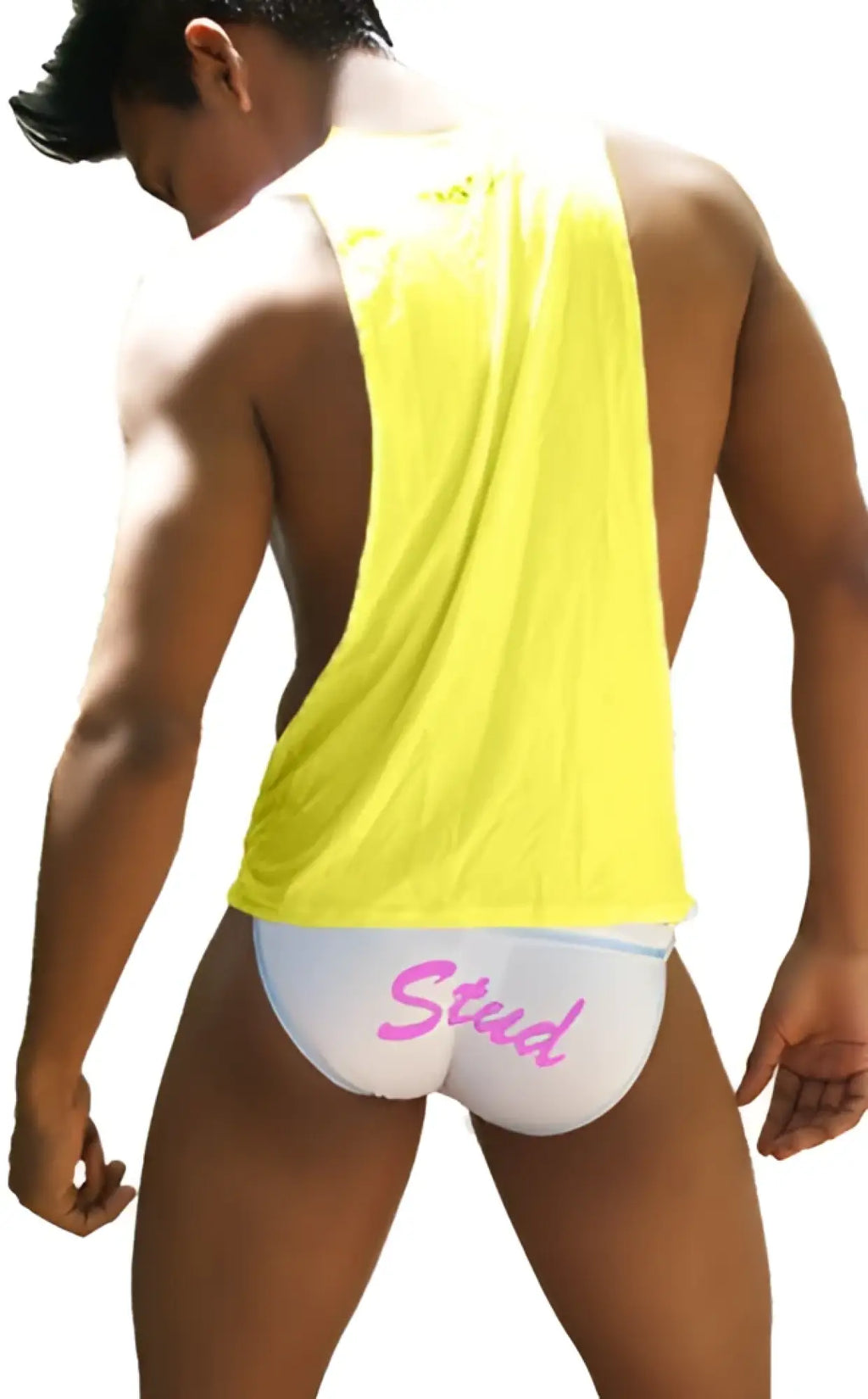 White briefs with pink stud text on front paired with icker sea stud large armhole tank top in mango and pink