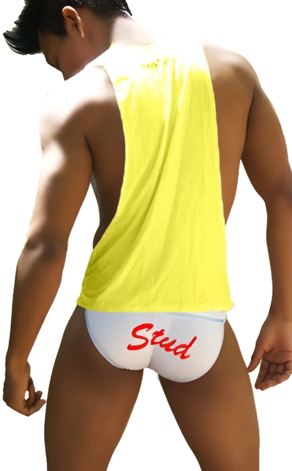 White briefs with red stud lettering paired with icker sea stud large armhole tank top mango red ca 16 st 61