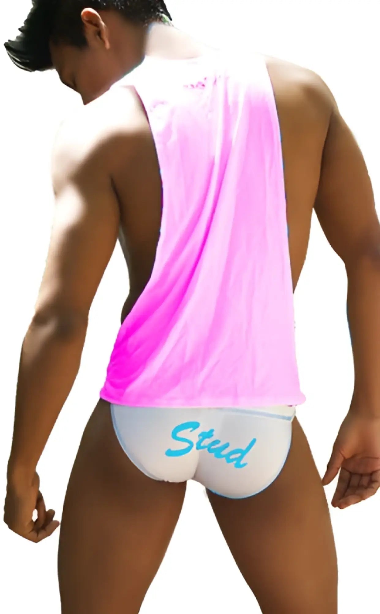 Back side of a pink and white icker sea stud large armhole athletic tank top with stud logo on the back