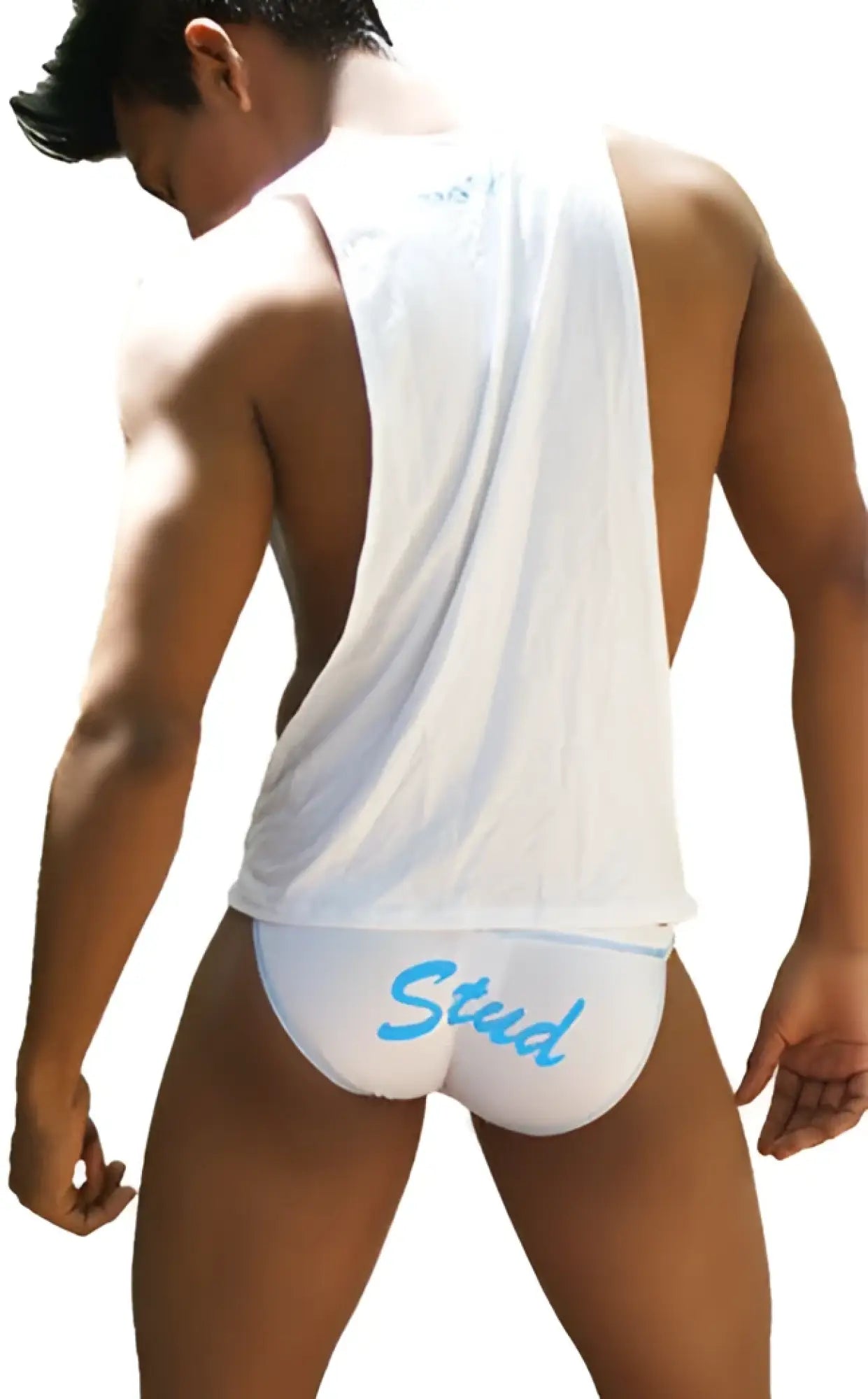 Back view of white athletic briefs with light blue stud lettering from icker sea stud large armhole tank top t shirt