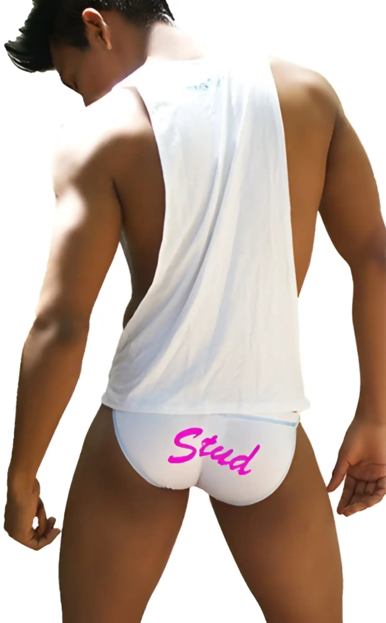 White briefs featuring pink stud lettering matching icker sea stud large armhole tank top tshirt white fuchsia ca-16-st-43