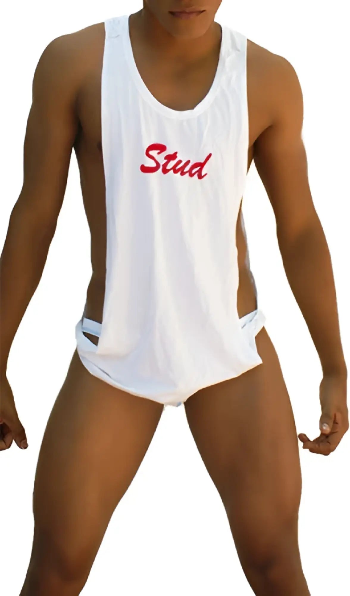 White icker sea stud tank top with large armholes and red stud lettering across the chest
