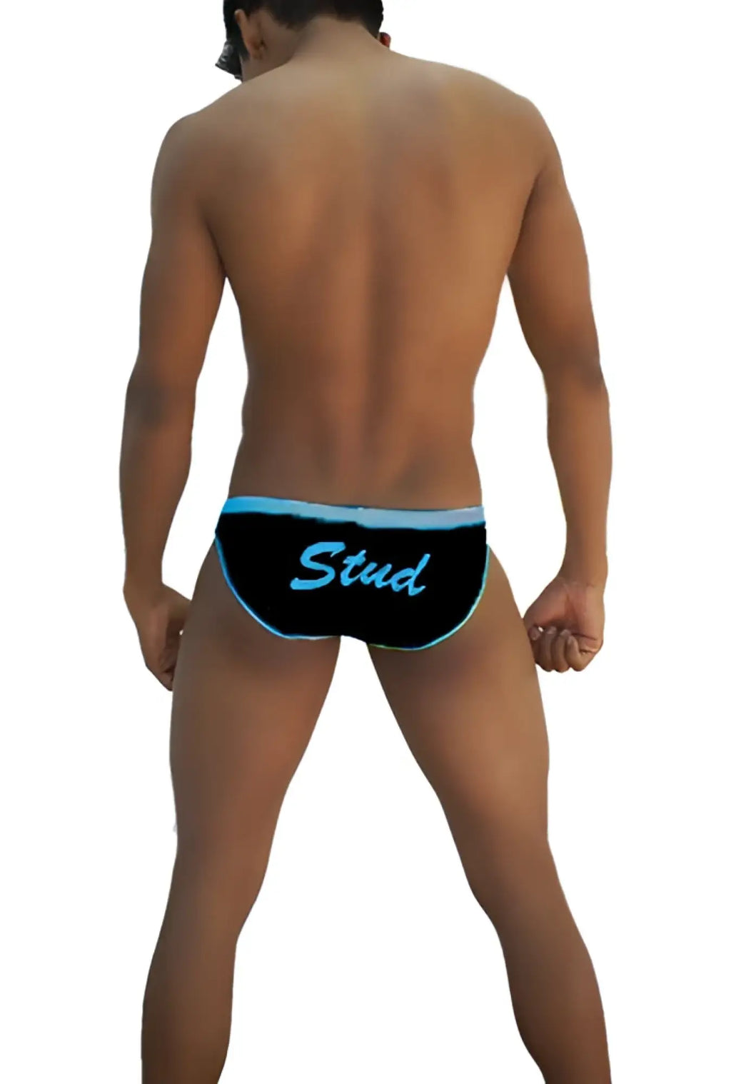 Black icker sea stud slip bikini underwear with light blue trim and stud script for swim and beachwear