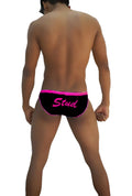 Black swim trunks with bright pink trim and stud script front by icker sea slip bikini underwear black fuchsia