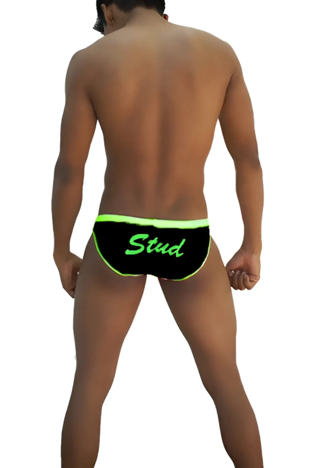Black icker sea stud slip bikini underwear with neon green trim and stud lettering for swimwear use