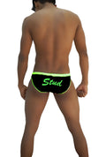 Black icker sea stud slip bikini underwear with neon green trim and stud lettering for swimwear use