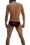 Black stud slip bikini underwear back side with bright pink trim and red script from icker sea collection