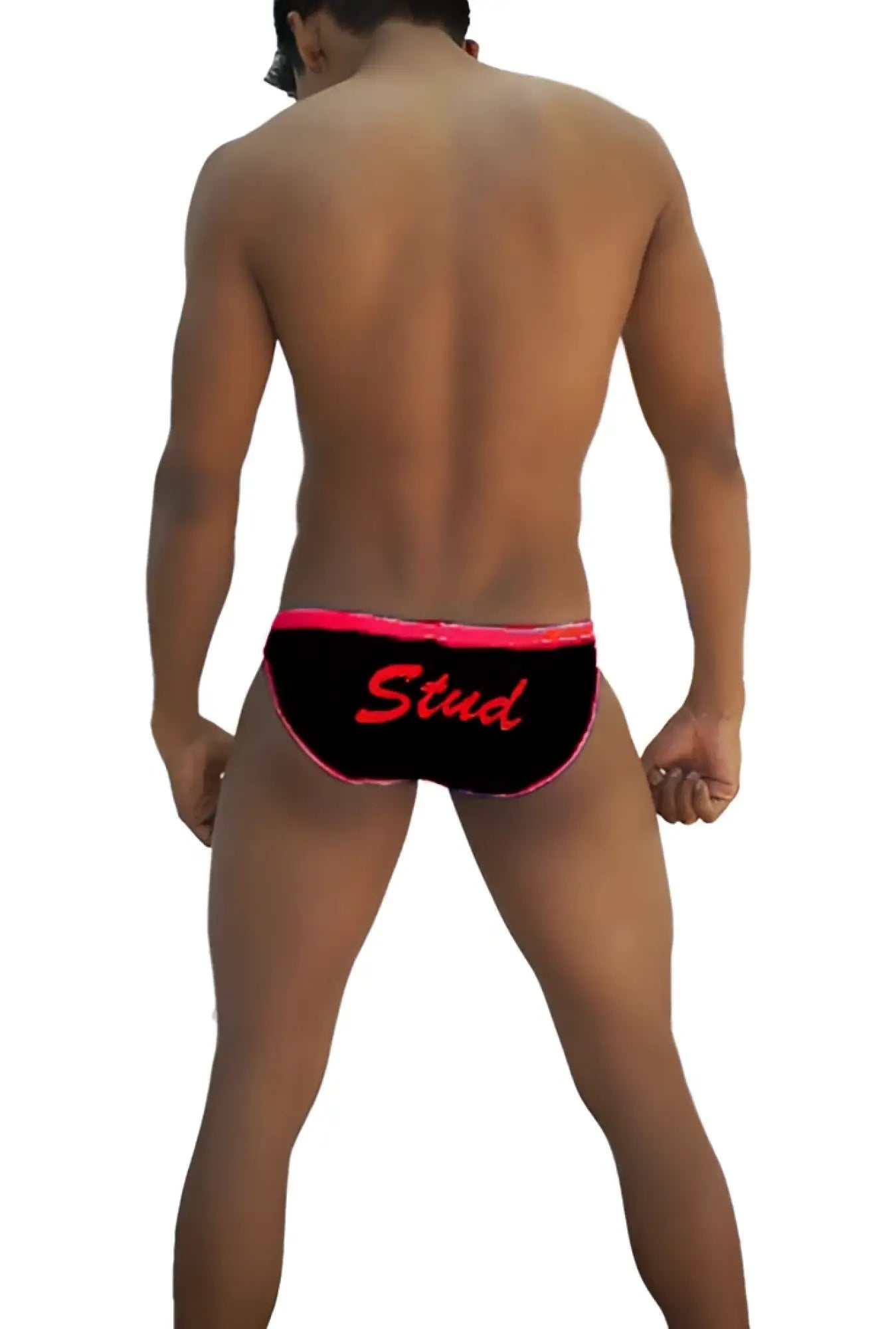 Black stud slip bikini underwear back side with bright pink trim and red script from icker sea collection