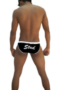 Icker Sea stud slip bikini underwear in black with white trim featuring cursive stud print on the front