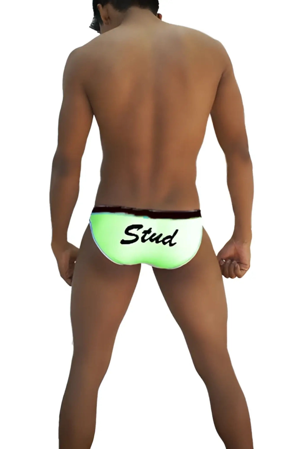 Neon green icker sea stud slip bikini underwear with black trim and stud printed in black script on front