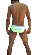 Icker sea stud slip bikini underwear in neon green swim trunks with light blue waistband and stud print