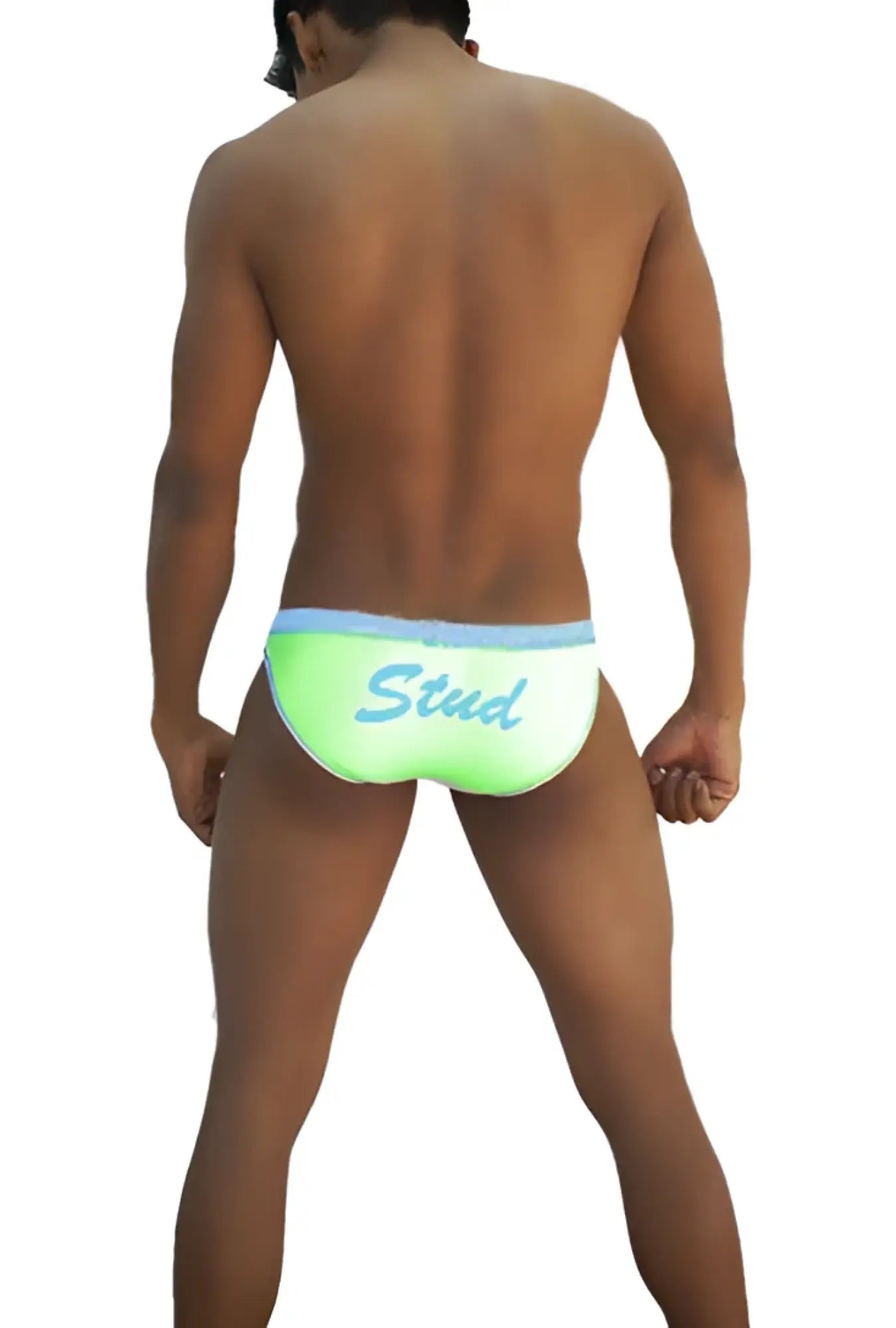 Icker sea stud slip bikini underwear in neon green swim trunks with light blue waistband and stud print