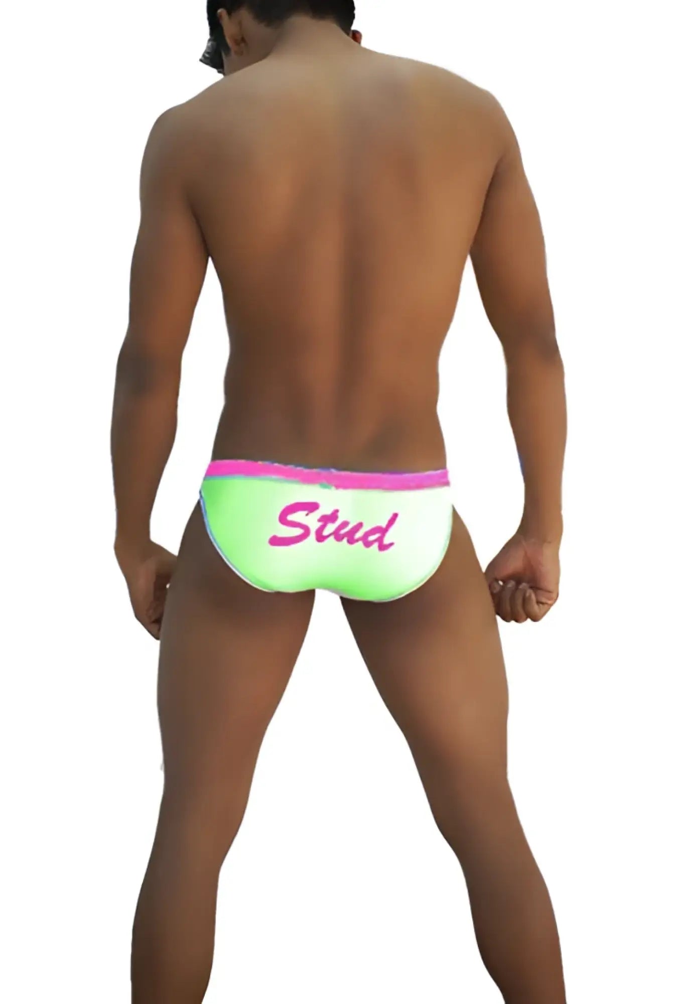 Icker sea stud slip bikini underwear in bright neon green with pink waistband and stud print in pink cursive