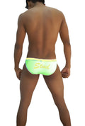 Icker sea stud slip bikini underwear in bright neon green with yellow waistband and gold embroidered stud lettering