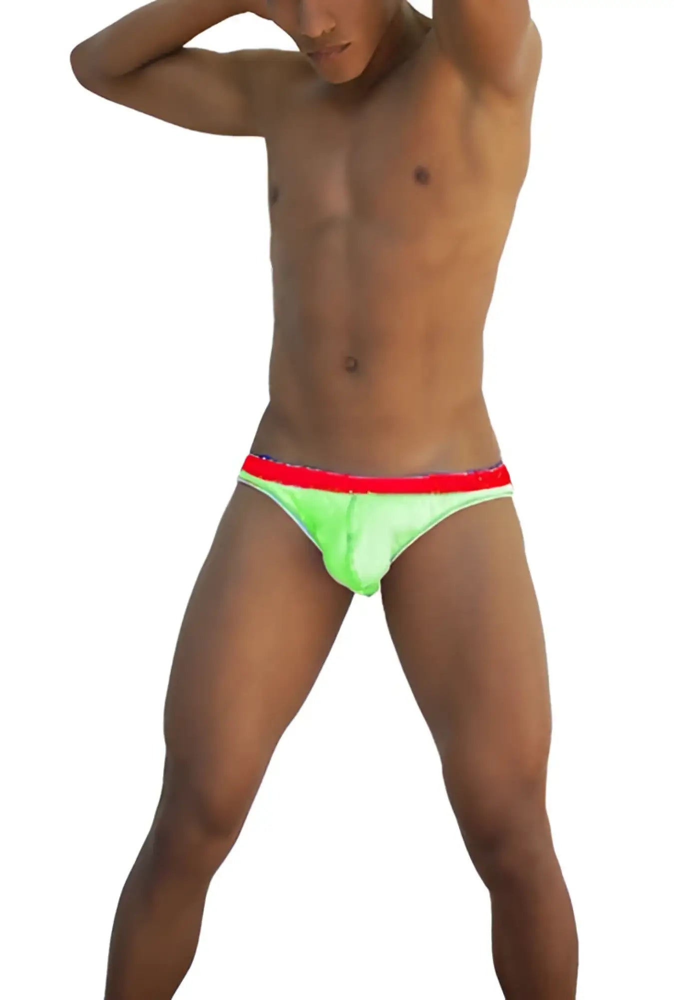 Neon green and red icker sea stud slip bikini briefs showcasing vibrant colors and studded design for swimwear use