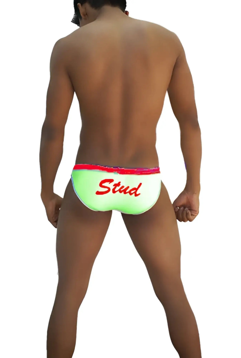 Neon green icker sea stud slip bikini underwear with red trim and red stud script for swimwear use