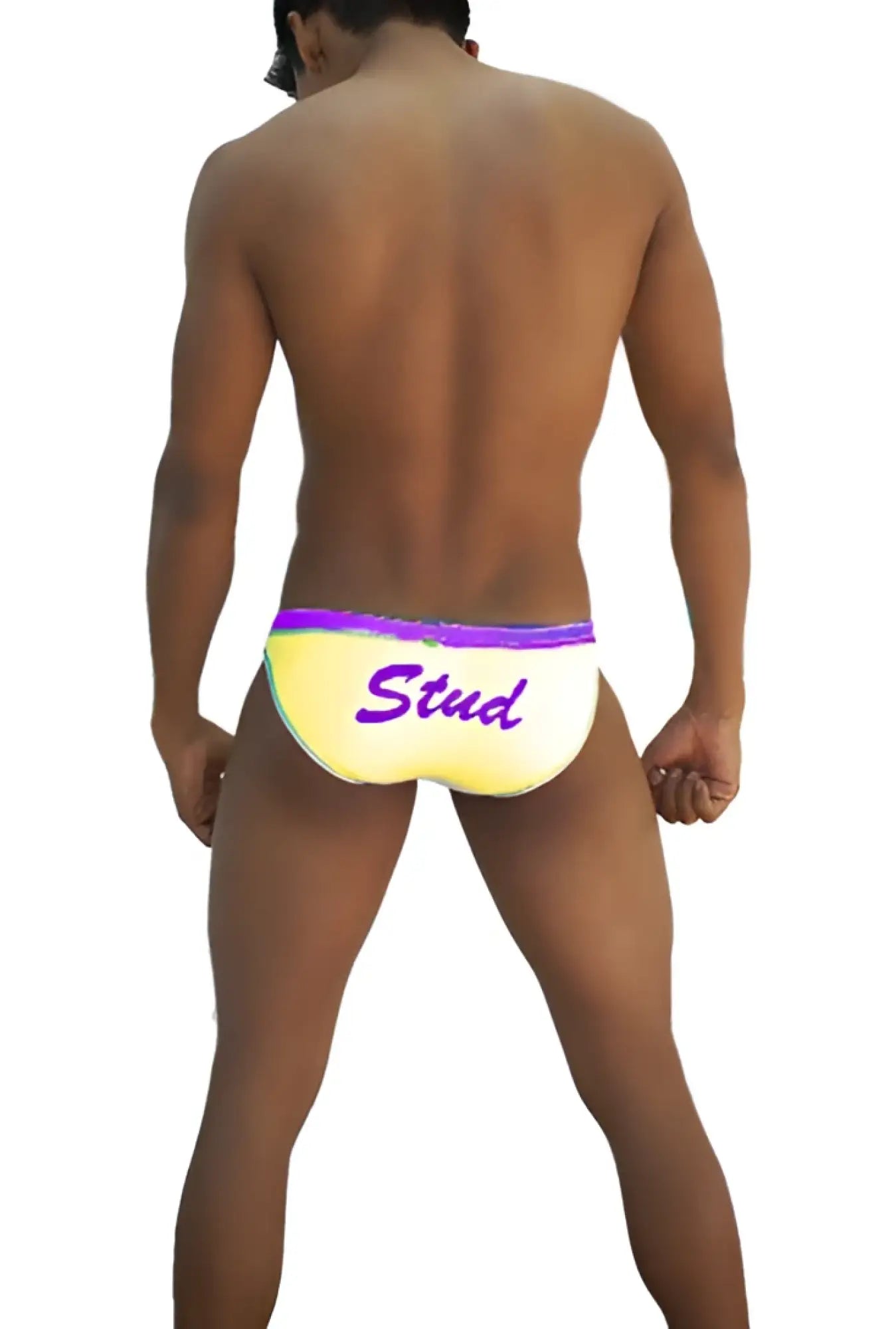 Yellow swim trunks with purple waistband and stud script in purple from icker sea stud slip bikini underwear mango purple