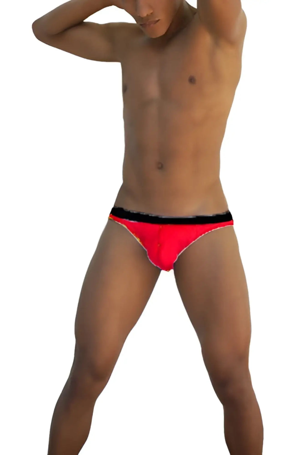 Bright red Icker Sea stud slip bikini underwear with black waistband designed for comfortable swimwear use