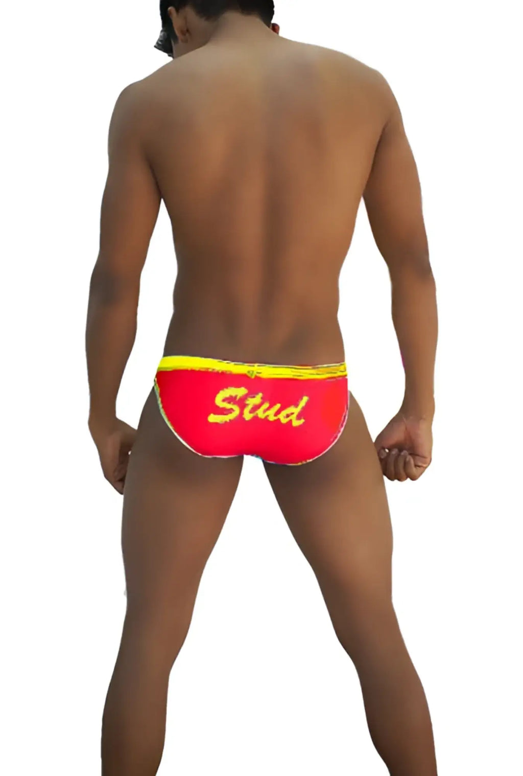 Icker sea stud slip bikini underwear in red swim trunks with yellow trim and gold stud embroidery