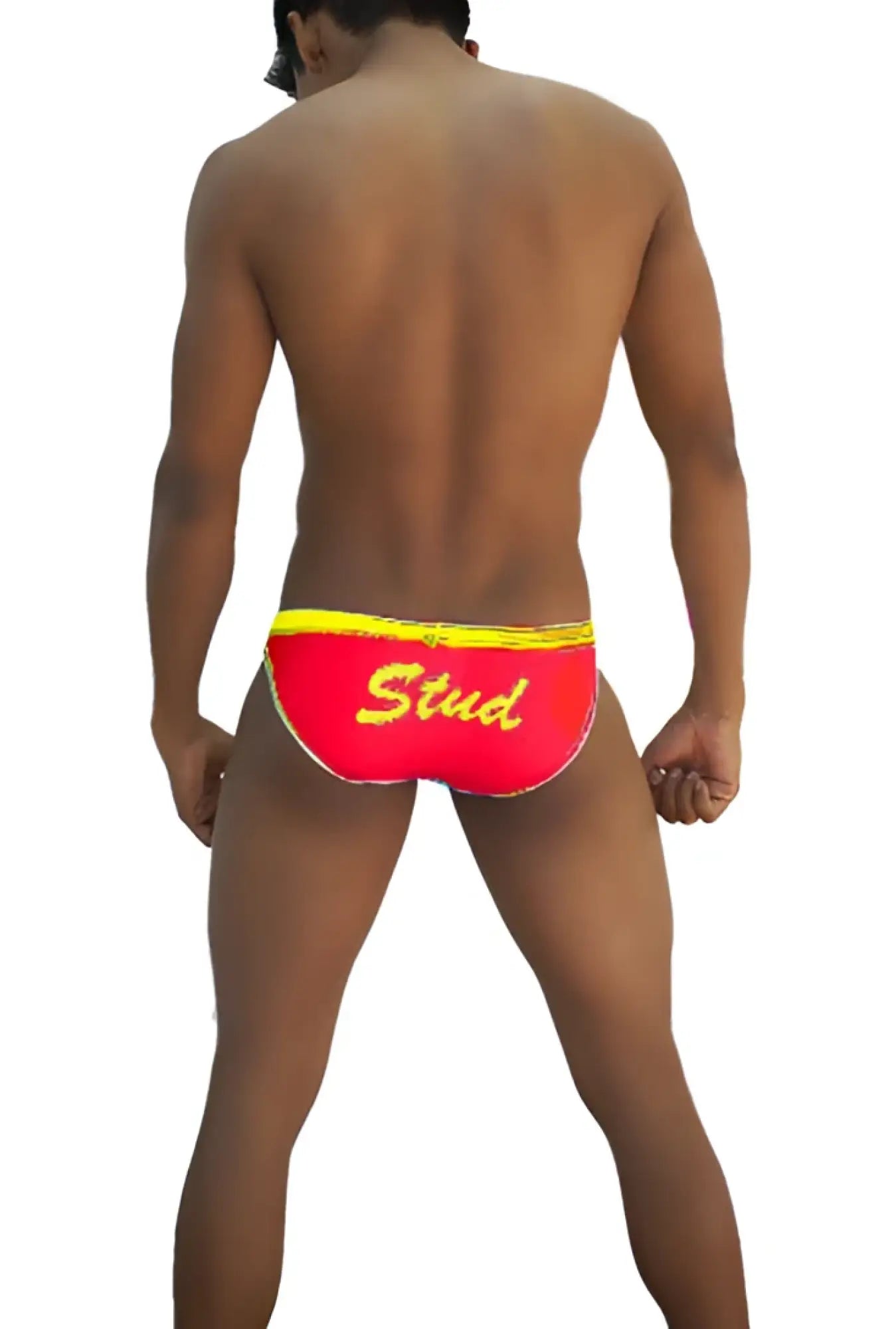 Icker sea stud slip bikini underwear in red swim trunks with yellow trim and gold stud embroidery