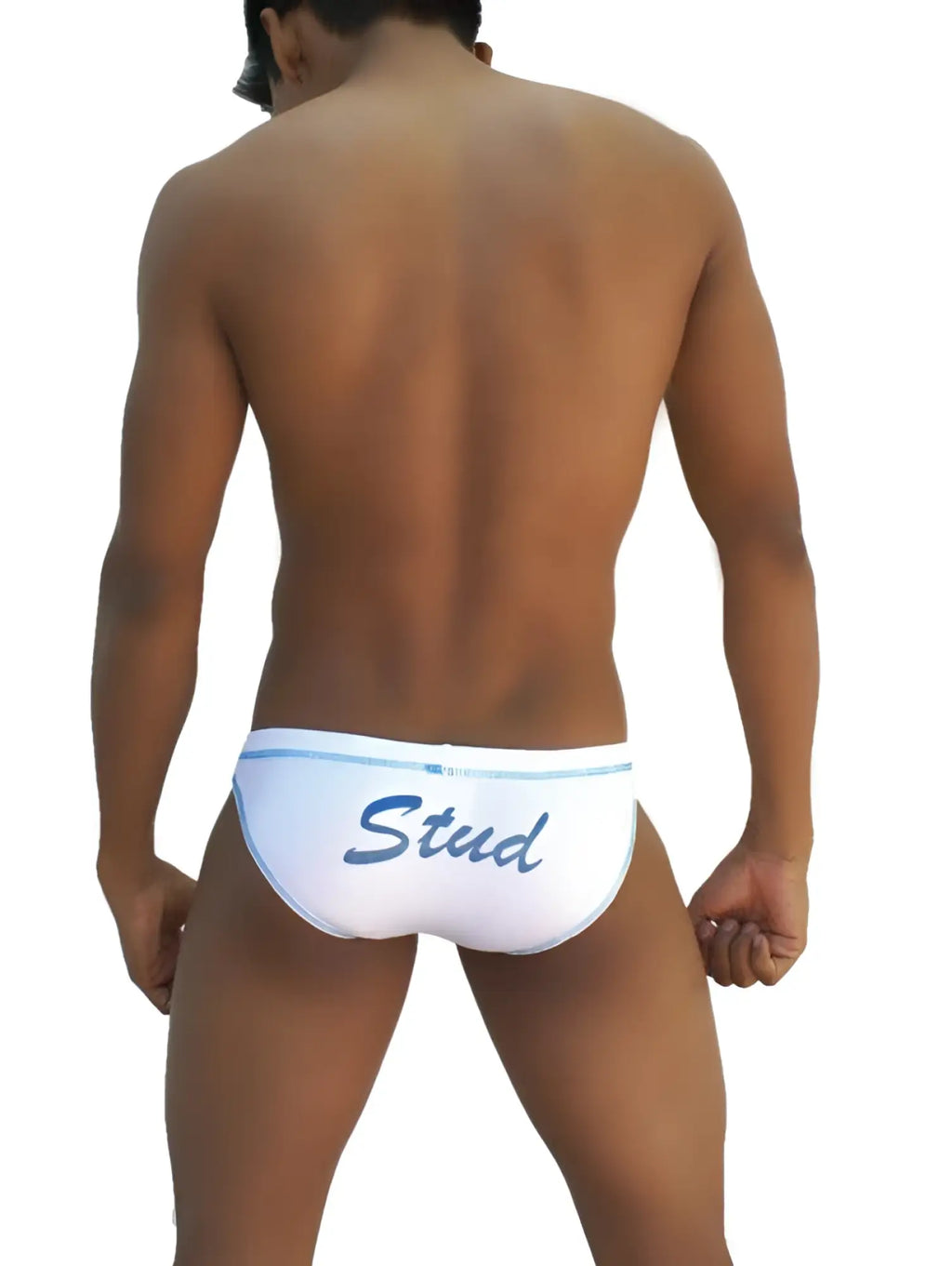 White briefs with blue trim and stud cursive script front from icker sea stud slip bikini underwear collection