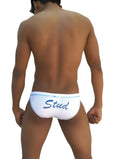 White briefs with blue trim and stud cursive script front from icker sea stud slip bikini underwear collection