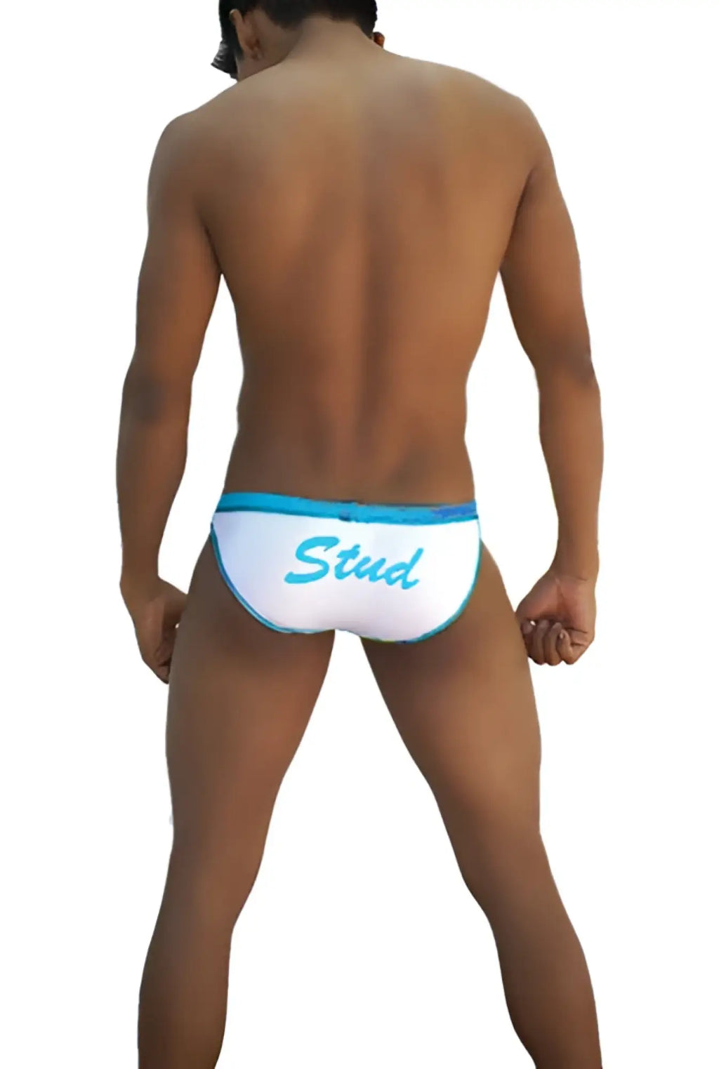 Icker Sea Stud slip bikini underwear white swim trunks with light blue trim and teal stud cursive script