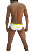 White stud slip bikini underwear with bright yellow waistband and stud embroidery by icker sea in white mango