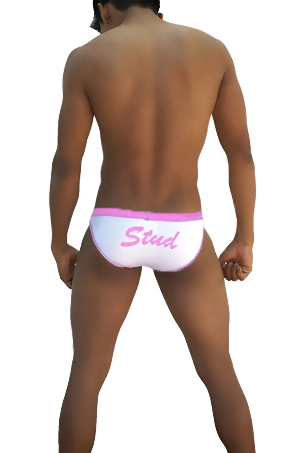 Icker Sea stud slip bikini underwear in white with pink waistband and stud script for swimwear use
