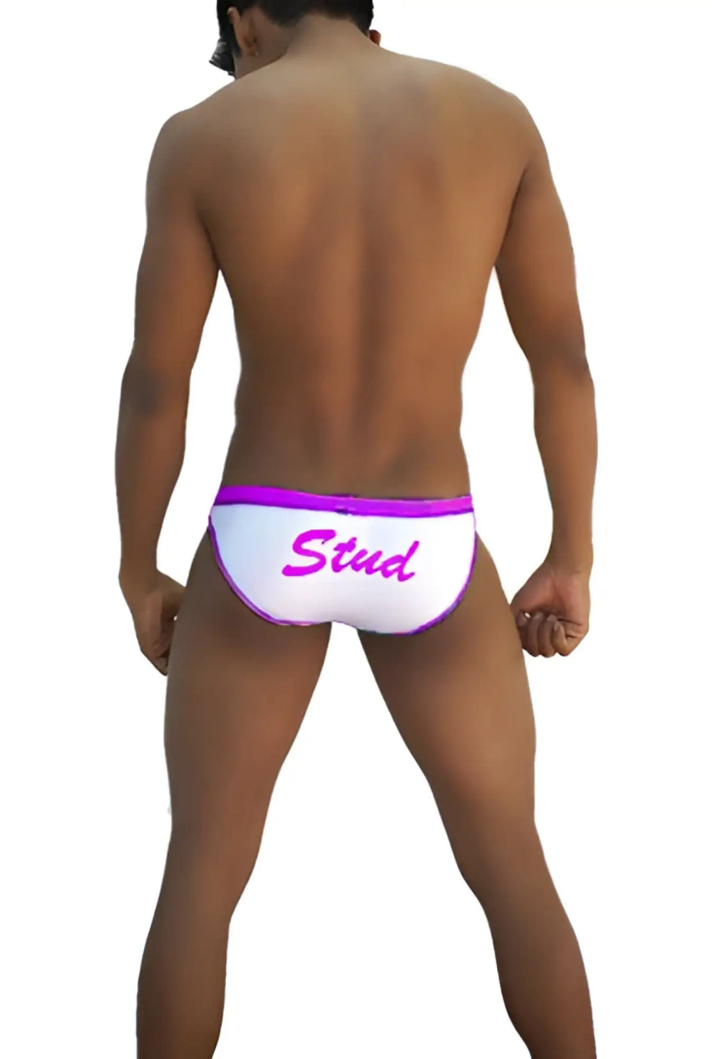 Icker Sea stud slip bikini underwear white with vibrant purple waistband and pink cursive stud logo text