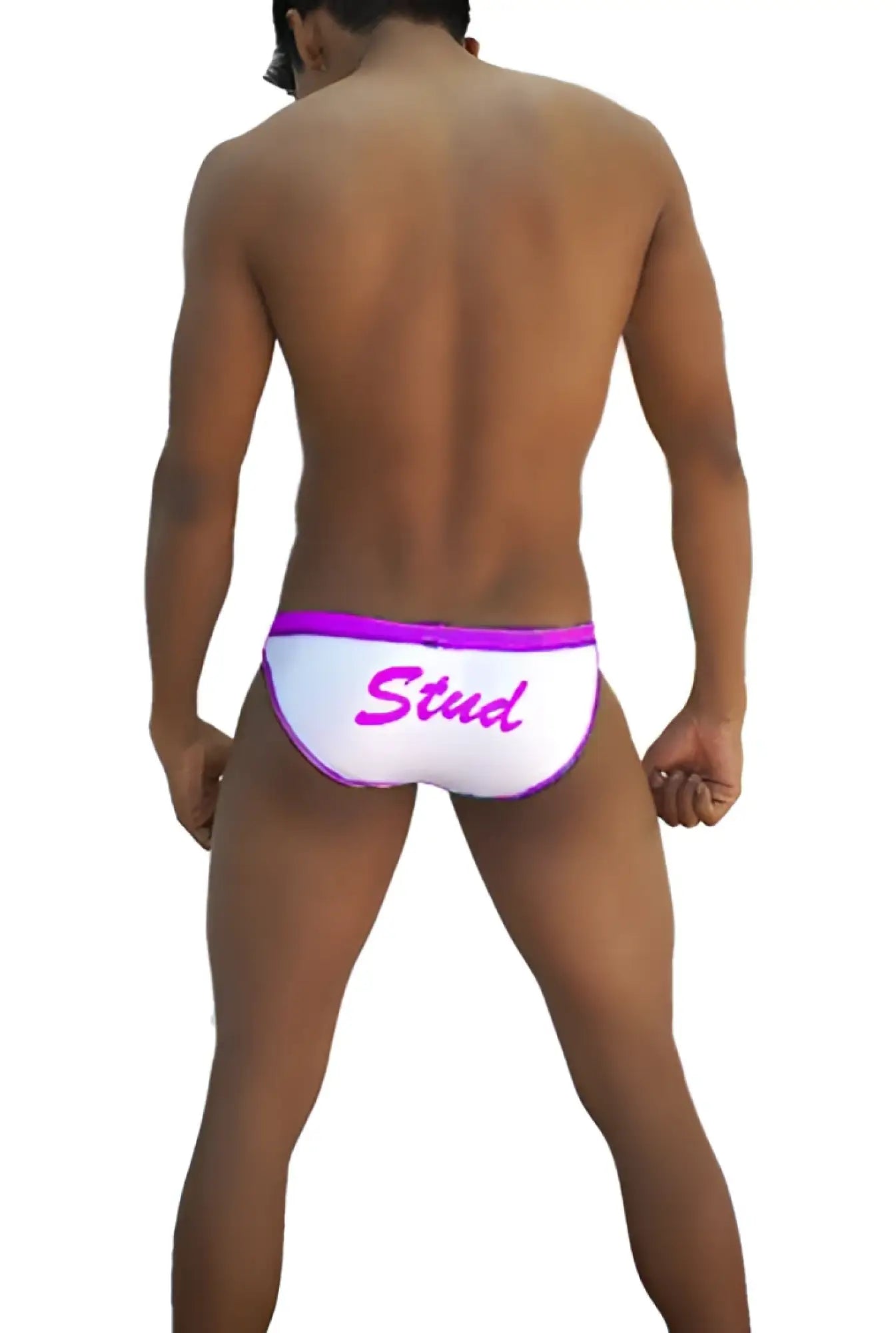 Icker Sea stud slip bikini underwear white with vibrant purple waistband and pink cursive stud logo text