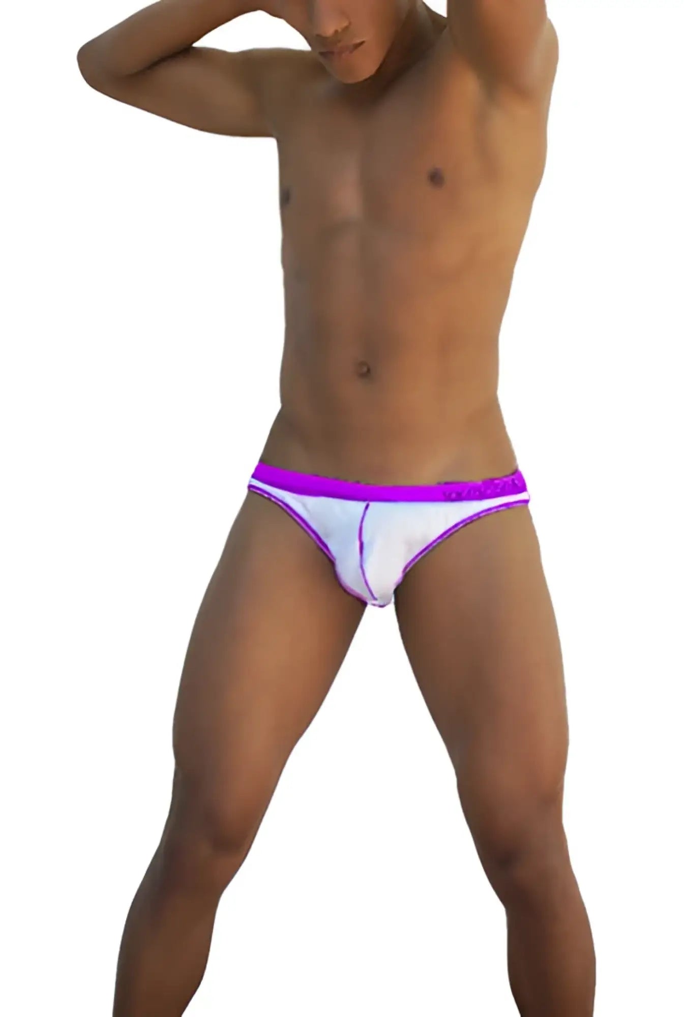 White briefs bikini underwear with vibrant purple waistband and trim from icker sea stud slip collection