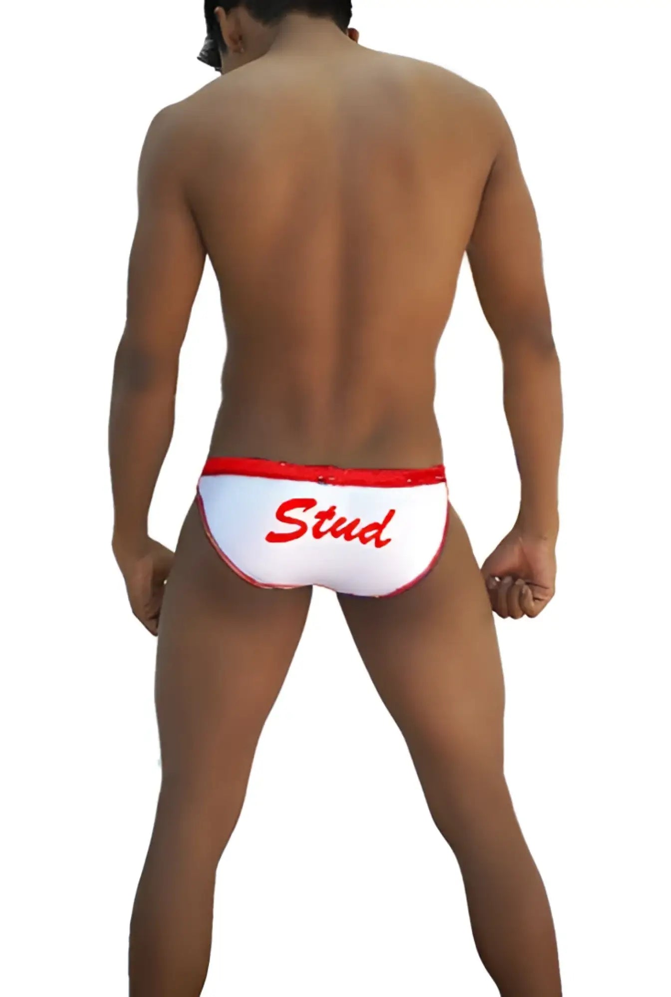 White icker sea stud slip bikini underwear with red trim and stud script on front in white and red color