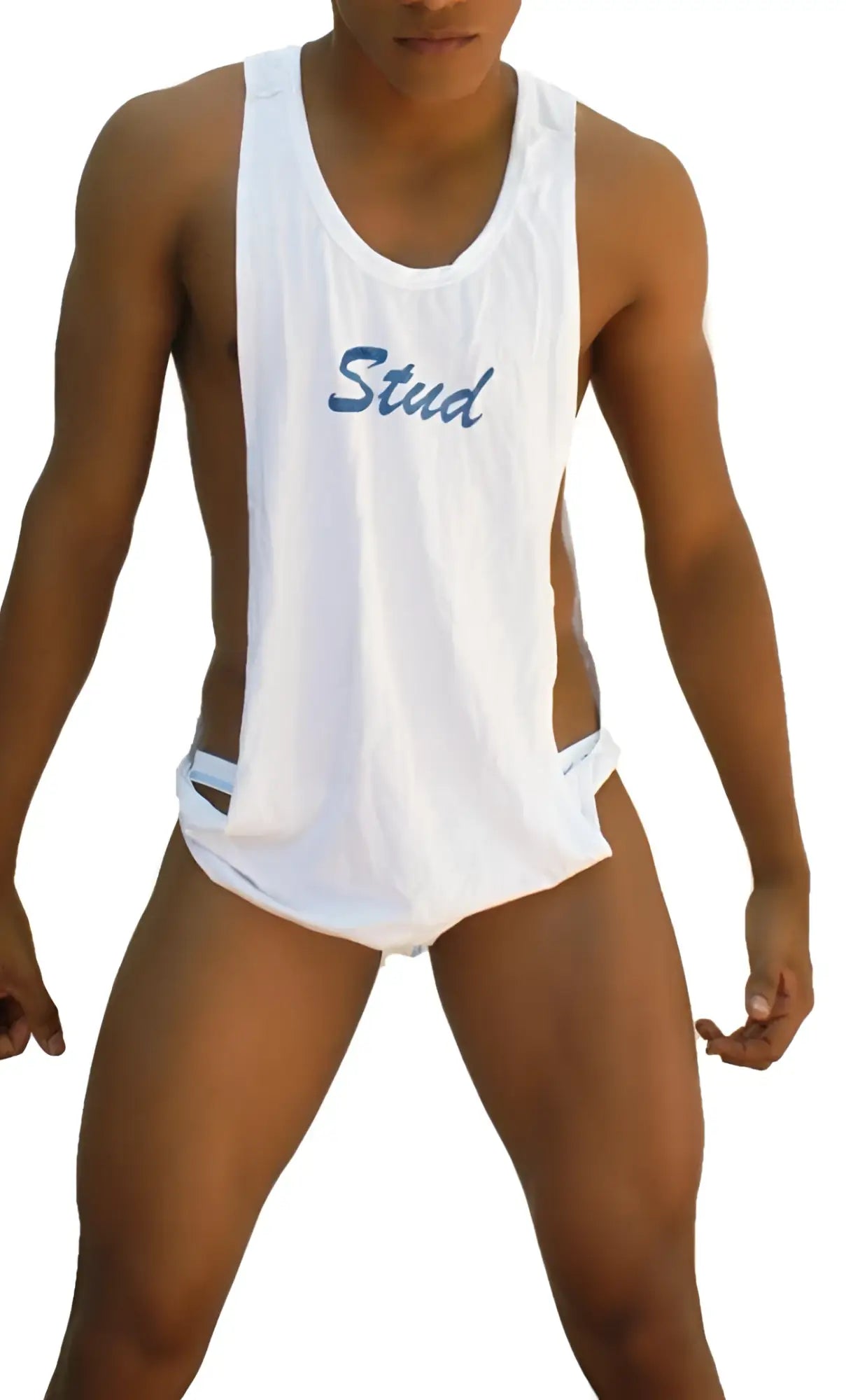 White sleeveless tank top with stud embroidered in blue script across the chest from icker sea collection