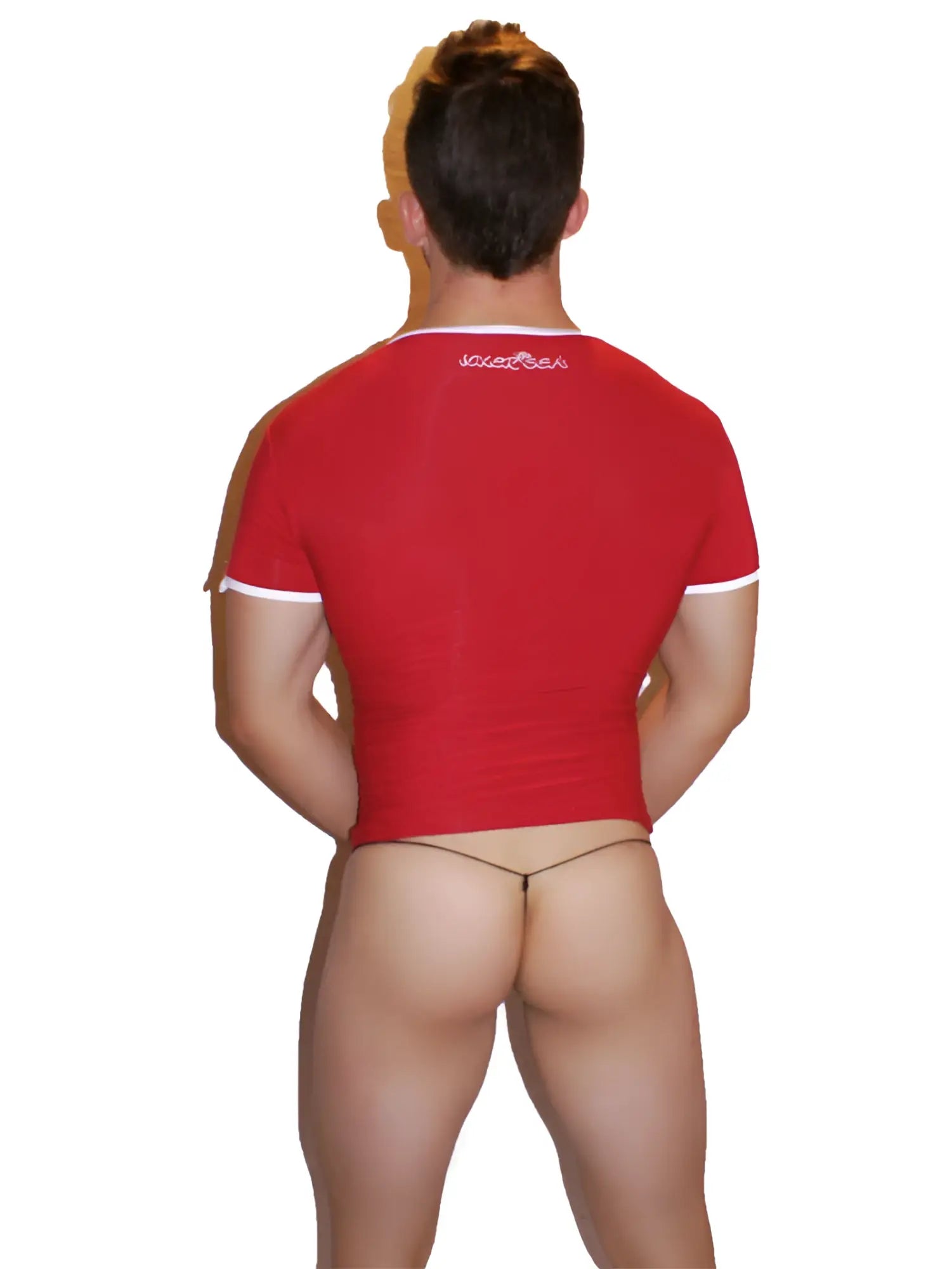 Icker Sea super deep v neck short sleeved red shirt with white trim and small embroidered logo on the back view