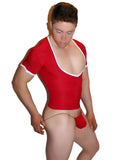 Icker Sea super deep v neck short sleeved red t shirt with white trim in size large visible from front view