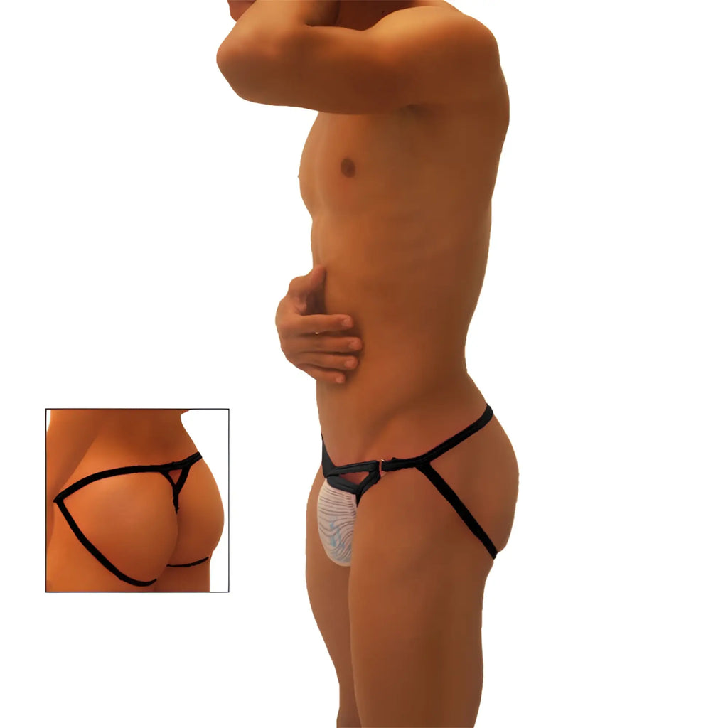 Black and white patterned thong underwear with black elastic straps featuring Icker Sea superhero stripe cut out design