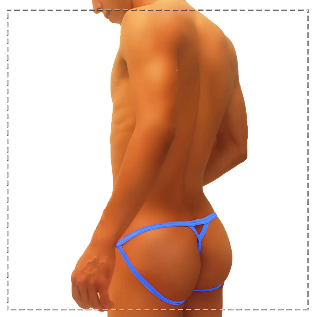Bright blue icker sea superhero stripe cut out jock g string thong underwear with thin straps and triangular cutout design