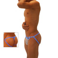 Blue mesh thong underwear with white patterned inner panel featuring cut out jock g string design
