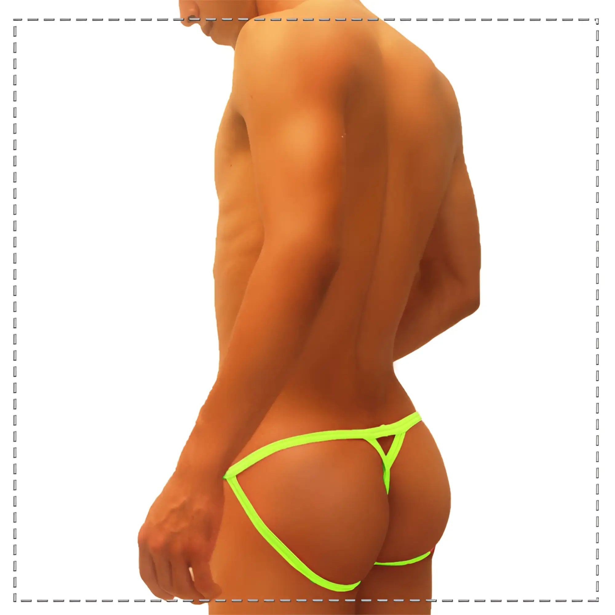 Neon green icker sea superhero stripe cut out jock g string underwear bottom with triangular cutout design back view
