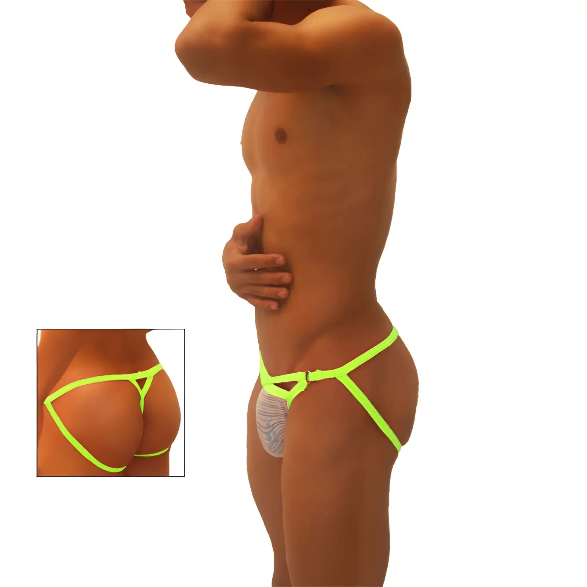 Neon green and gray patterned men’s briefs with a triangular design from icker sea superhero stripe cut out jock g string