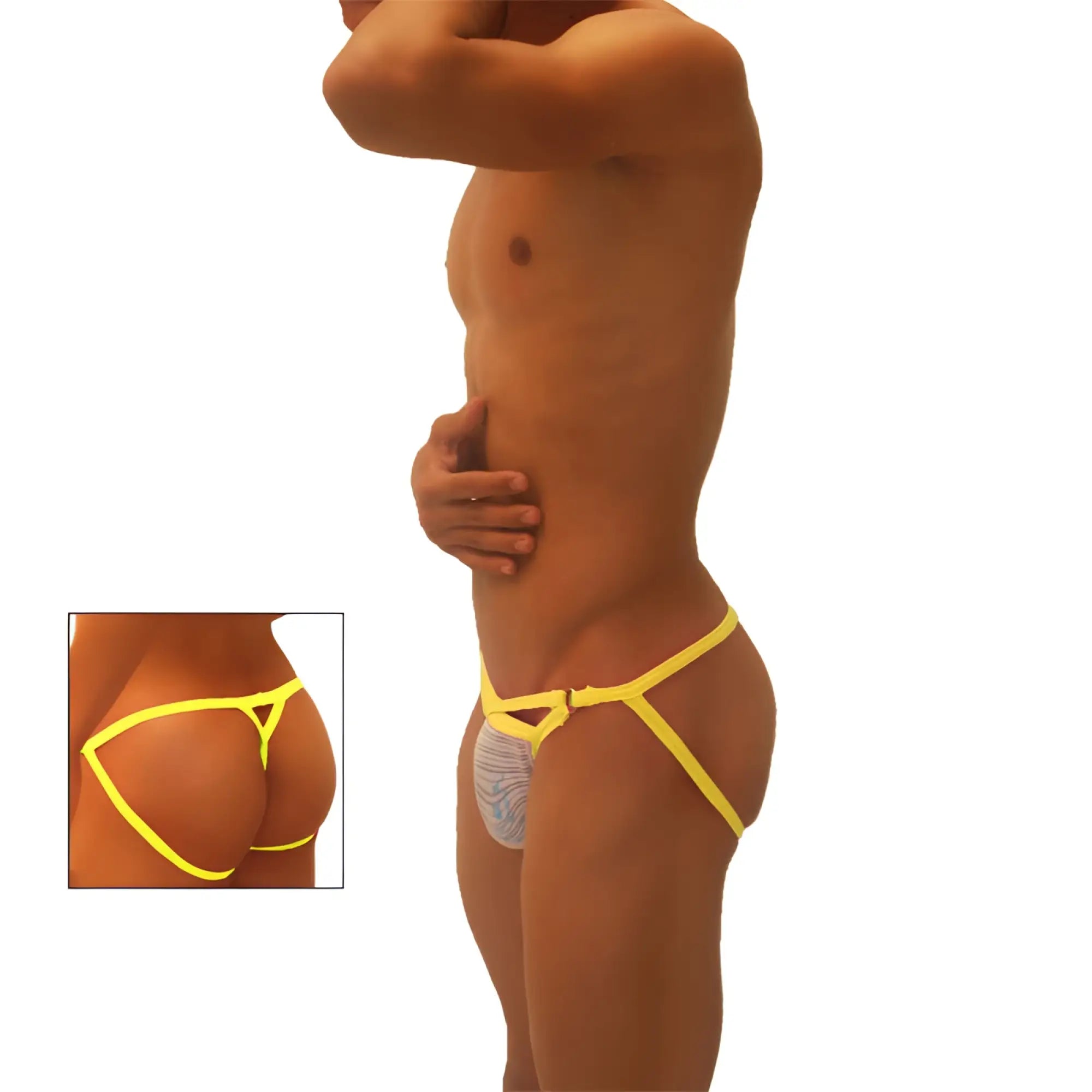 Icker Sea Superhero Stripe cut out mango jockstrap with thin straps and white patterned pouch underwear