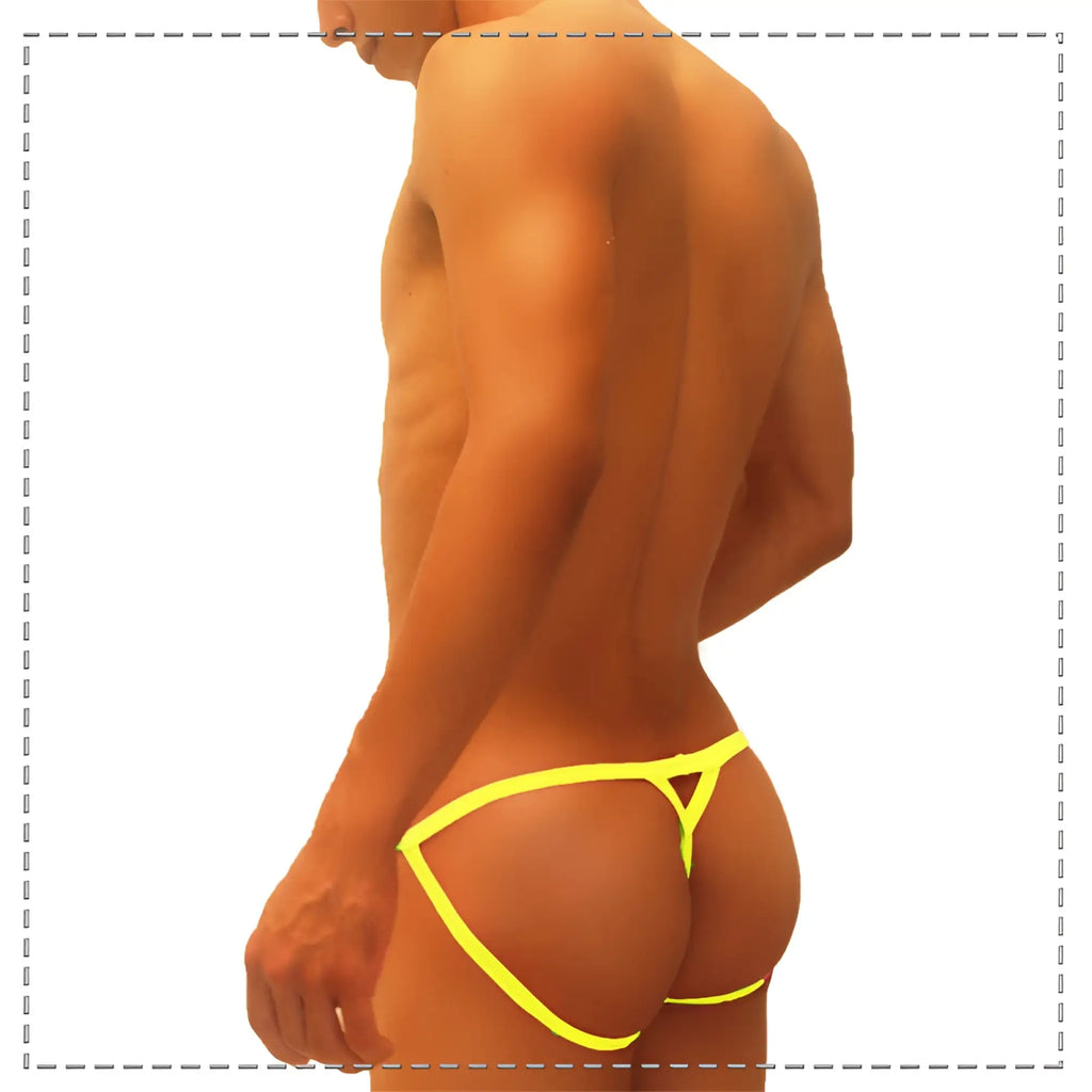 Bright yellow icker sea superhero stripe cut out jock g string underwear with a thin strappy cut in mango color